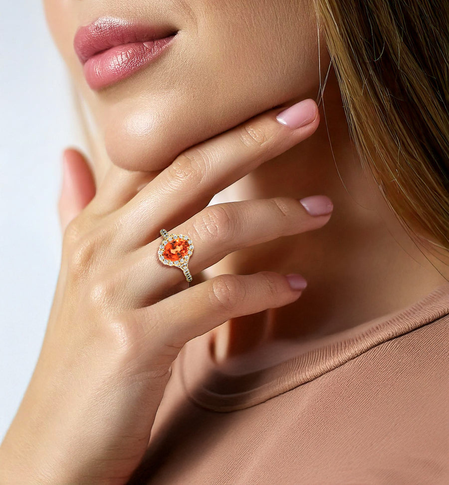Orange Sapphire Halo Diamond Ring